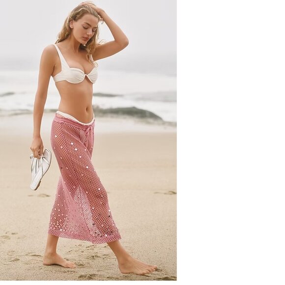 Anthropologie Celandine Sheer Mesh Sequin Drawstring Mermaid Midi Skirt size M - Picture 3 of 7